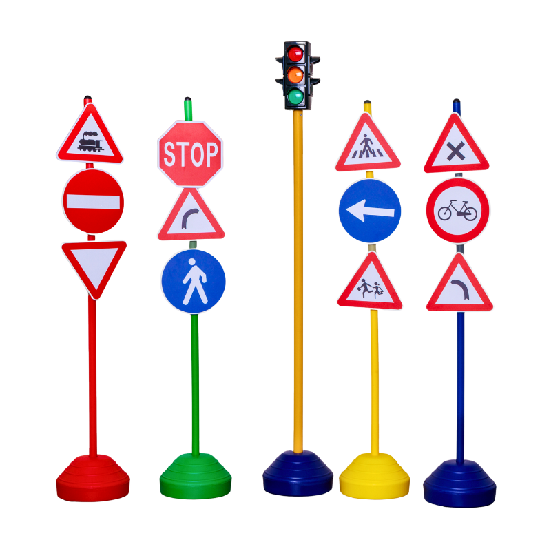 Road education kit a, warning signs and traffic light with functioning lights