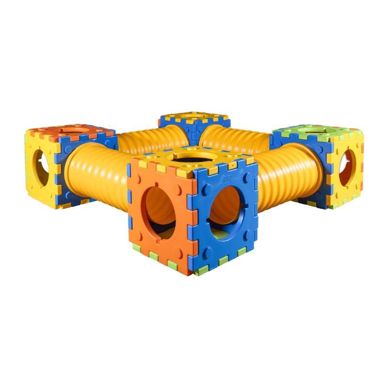 Quadrotto - modular play set with 4 cubes and 4 tunnels.