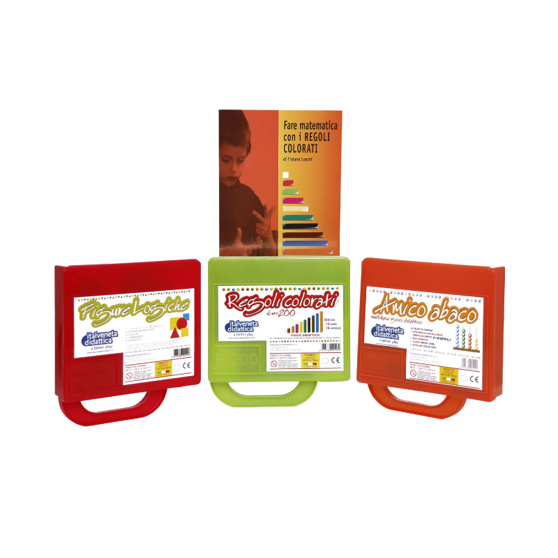 Teaching kit with cuisenaire rods, multibase abacus, logical figures, and educational manual.