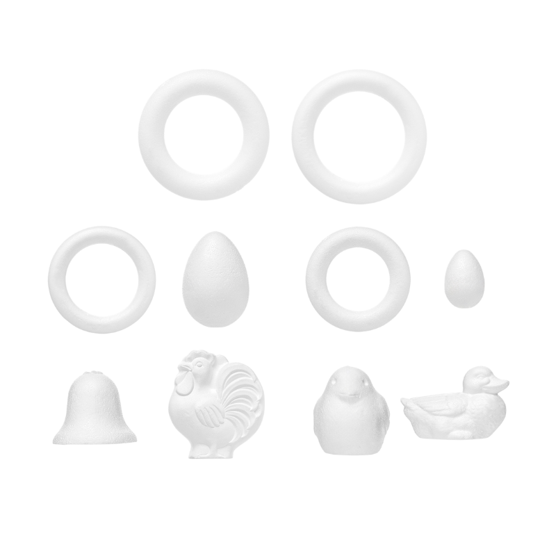 Set of 20 easter-themed shapes in pressed strofoam with bells, eggs, chicks, wreaths, ducklings, and roosters